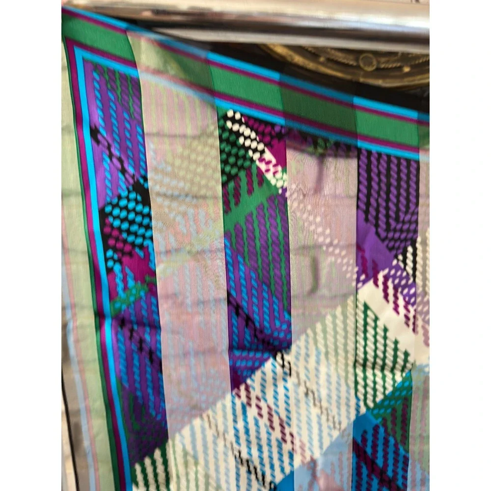 Vintage Silk Chiffon Scarf 80s‎ 90s Geometric Abstract Dot Purple Green Blue